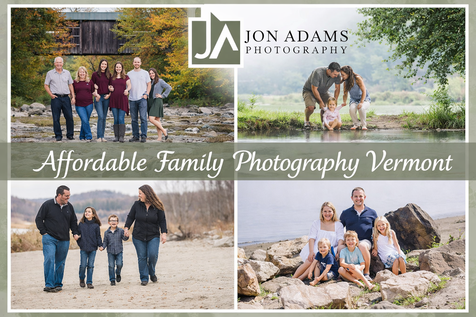 A professional collage featuring affordable family photography Vermont, showcasing candid lifestyle moments, posed outdoor family portraits in the Green Mountains, and seasonal autumn sessions by Jon Adams Photography.